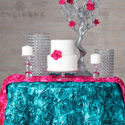 Satin table runner with rosette pattern